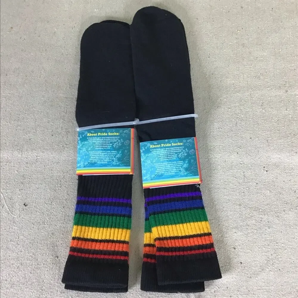 Unisex Pride Socks Rainbow stripes Black knee-high tube socks lot of 2 NWT